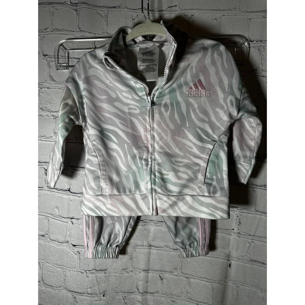 Adidas Baby Girls 6 Months Zebra Print Tracksuit Pastel Pink Mint 2pc Set